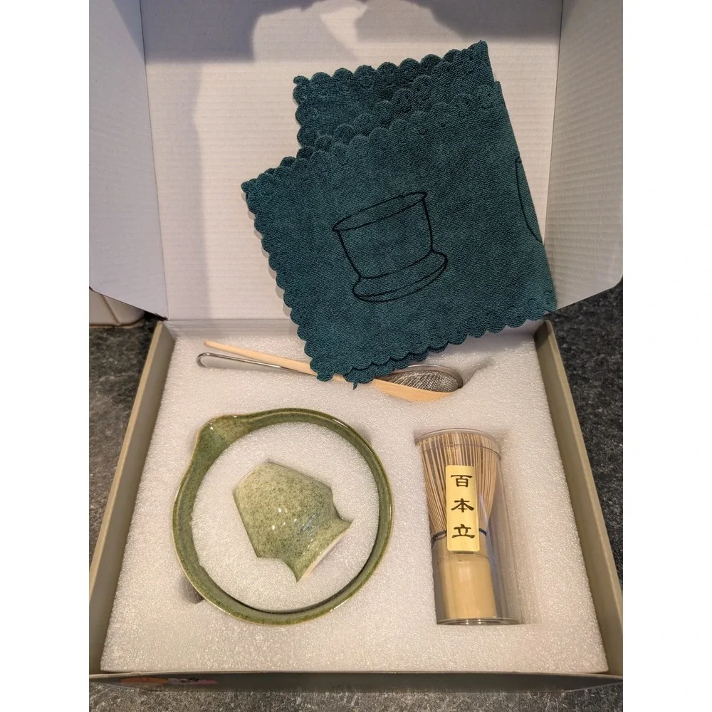 9pc Japanese Matcha Tea Set Bamboo Whisk Ceramic Bowl Scoop Sieve Green